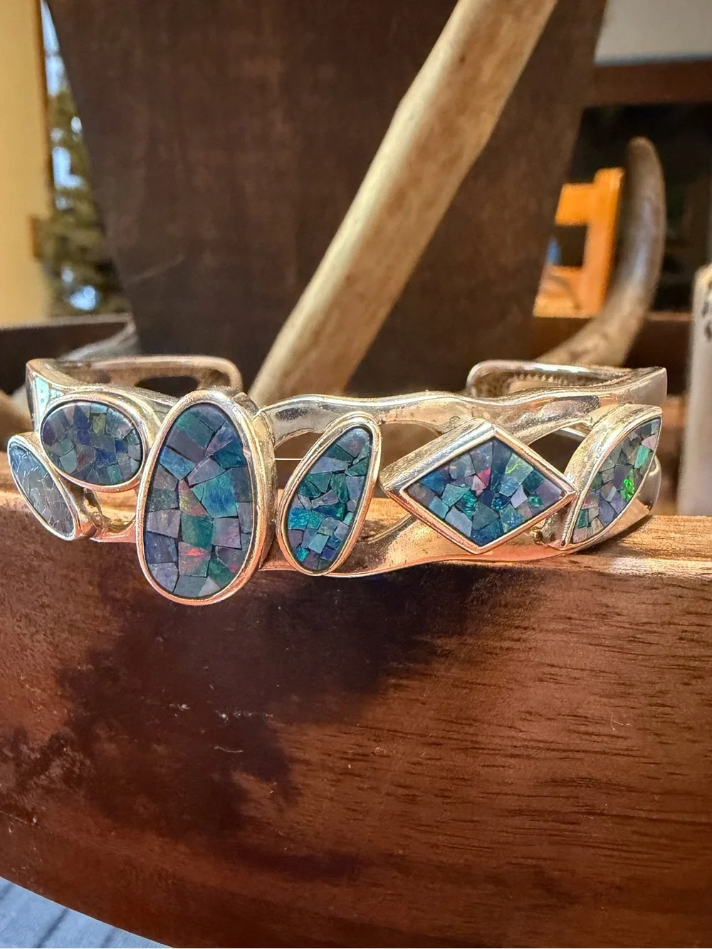 Vintage Whitney Kelley Inlay Blue Fire Opal Mosaic Sterling Silver Cuff Bracelet